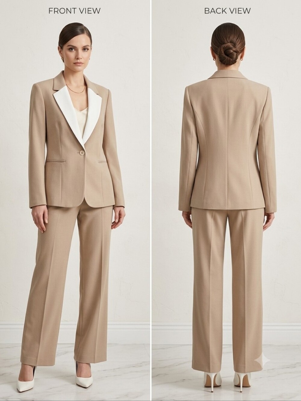 Beige Tailored Wide-Leg Pants Suits Set for Women Size 14
